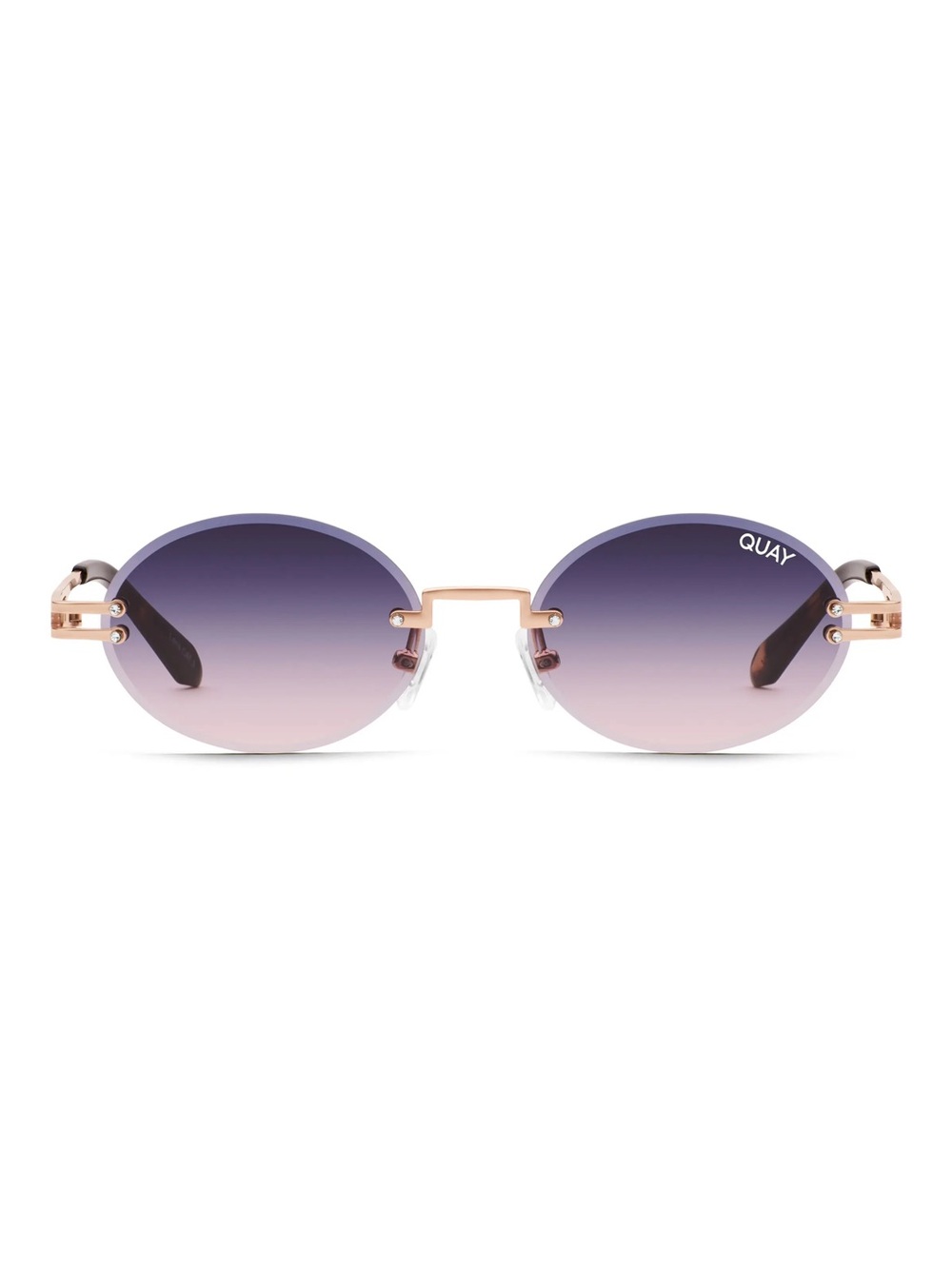 QUAY Literally Obsessed Rimless Oval Sunglasses-Rose Gold/Blue Pink Fade Lens